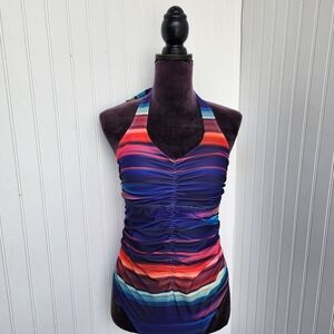 NWOT NOON SWIM Women's Halter 1 Piece Swimming Suit Striped Purple Red Sz 10
